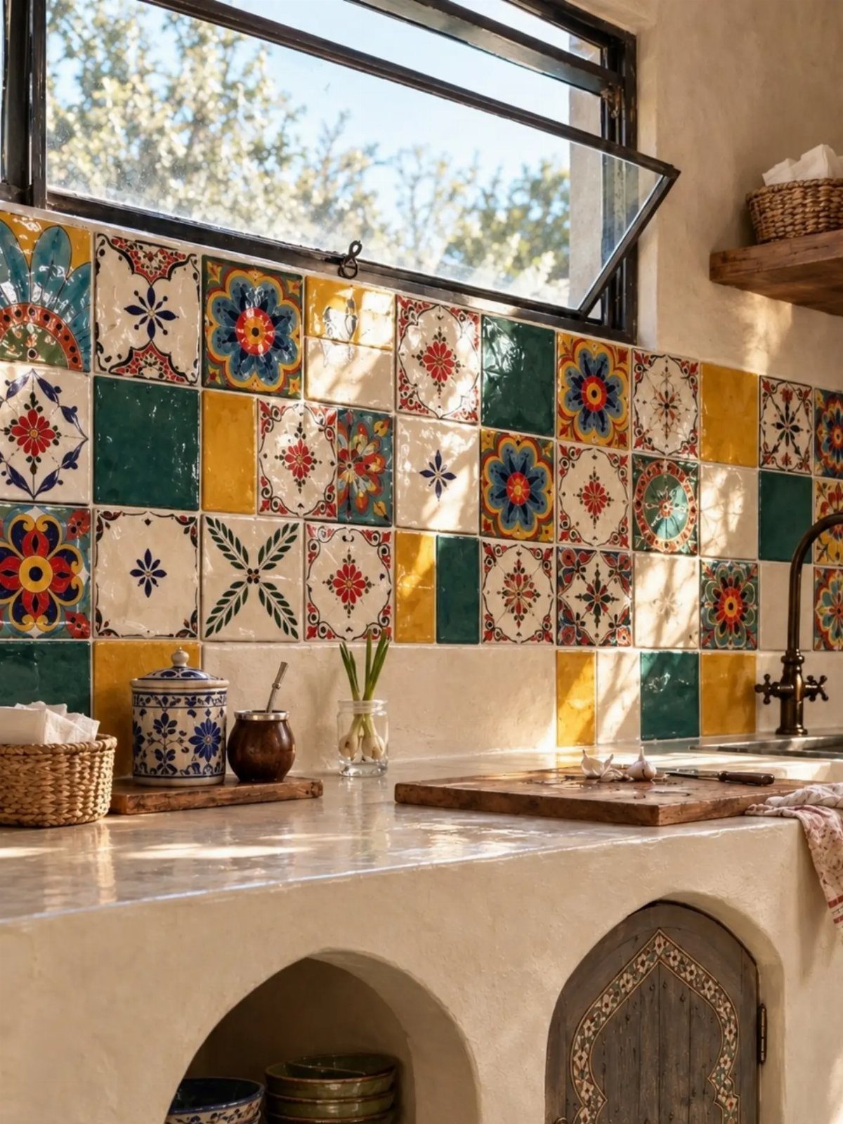 Kitchen Without Upper Cabinets: 13 Ideas That Work 6 Colorful patterned tile backsplash in a kitchen with a light-colored countertop and window.