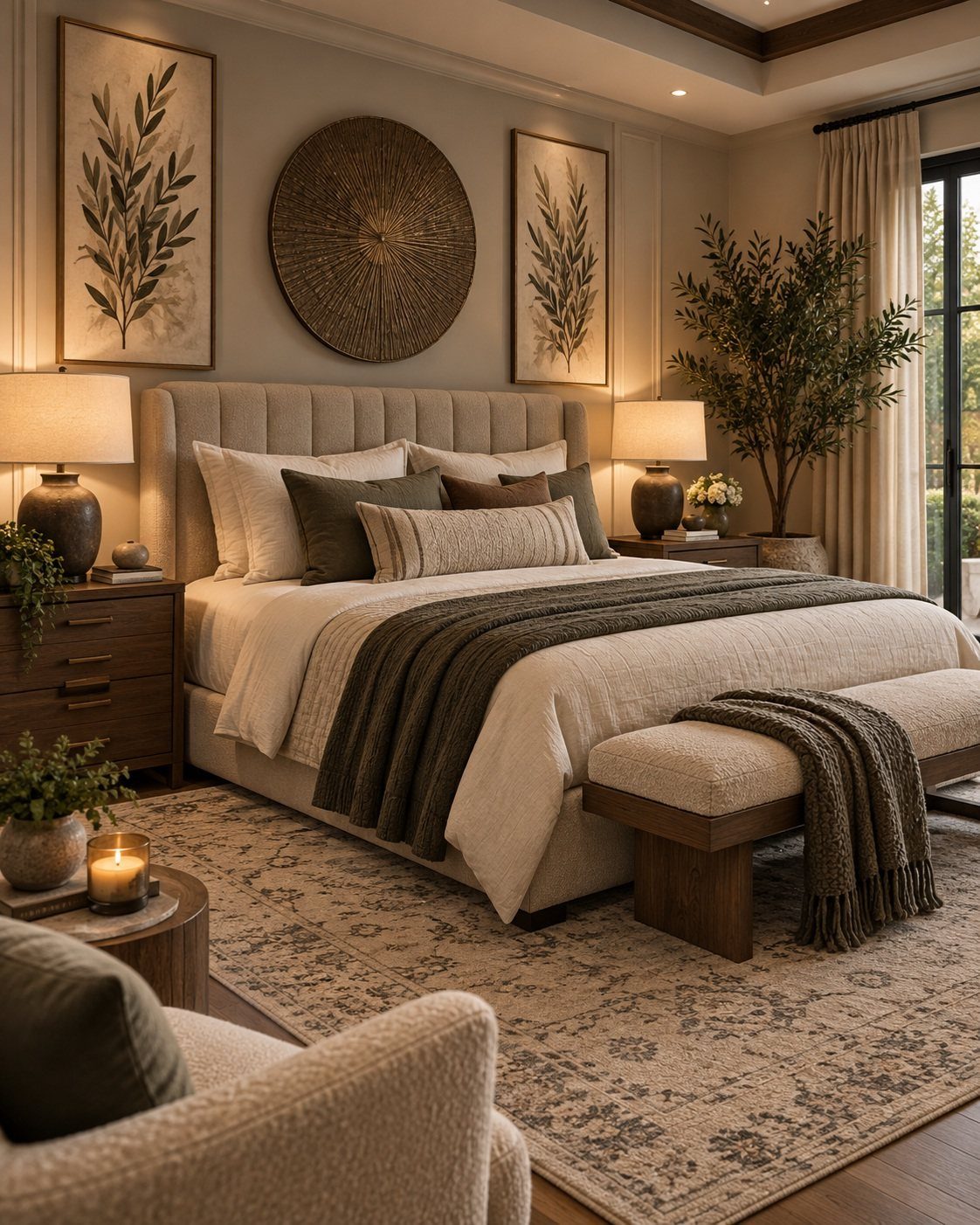 Master Bedroom Interior Design: 16 Ideas for a Better Space 9 Large upholstered bed with neutral linens and olive green accents in a luxury bedroom
