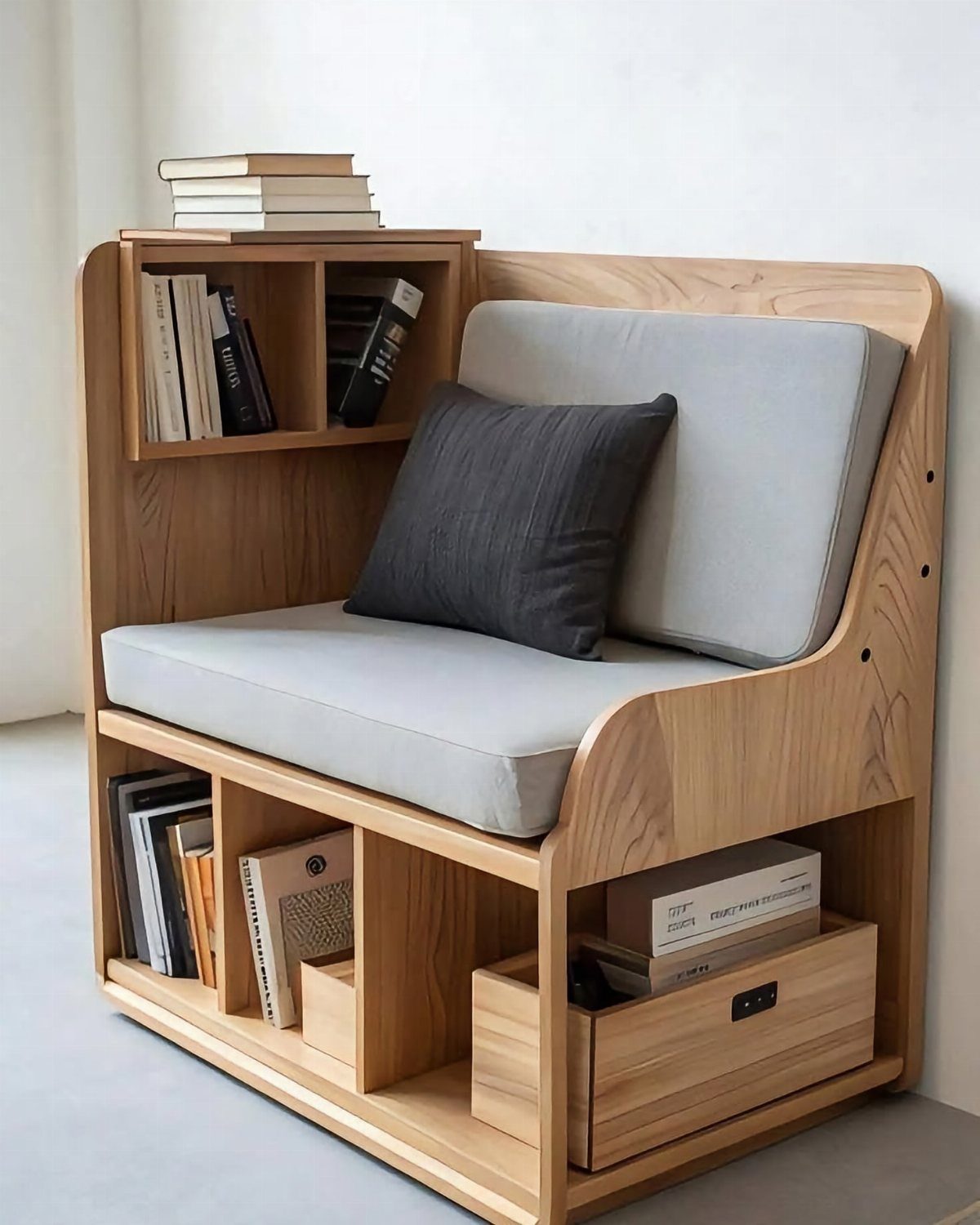 12 Space Saving Furniture Ideas That Actually Work 8 Wooden storage bench with integrated bookshelves and a grey seat cushion.
