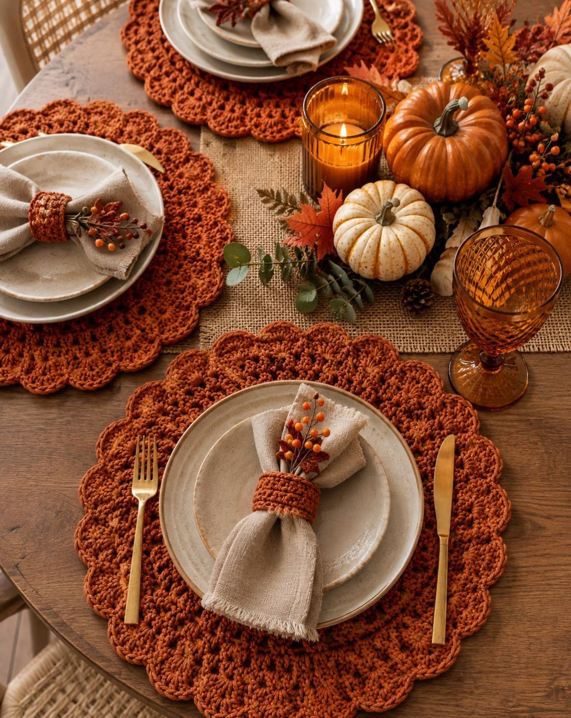 Round orange crocheted placemats with autumn table settings on a wooden round table.