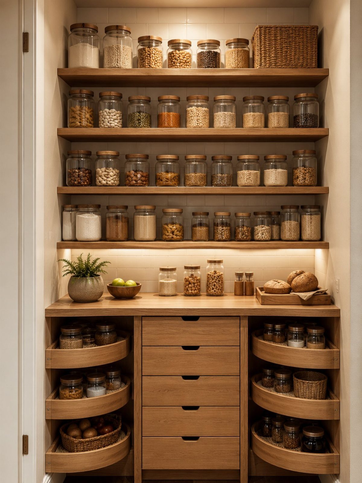 32 Simply Kitchen Design Ideas for a Clean, Modern Space 28 Tall wooden pantry unit with open shelving, glass jars, and pull-out storage drawers.