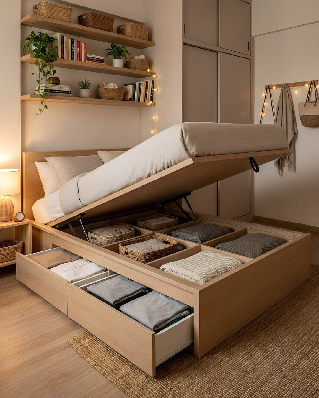 12 Space Saving Furniture Ideas That Actually Work 11 Wooden storage bed with lifted mattress and open drawers in a modern bedroom.