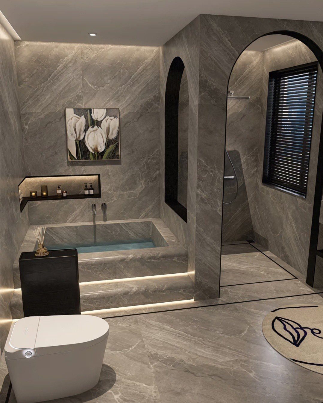 Bathroom Alcove Ideas: 29 Designs for Tubs, Showers & More 29 Modern grey marble bathroom featuring a built-in bathtub alcove with integrated lighting.