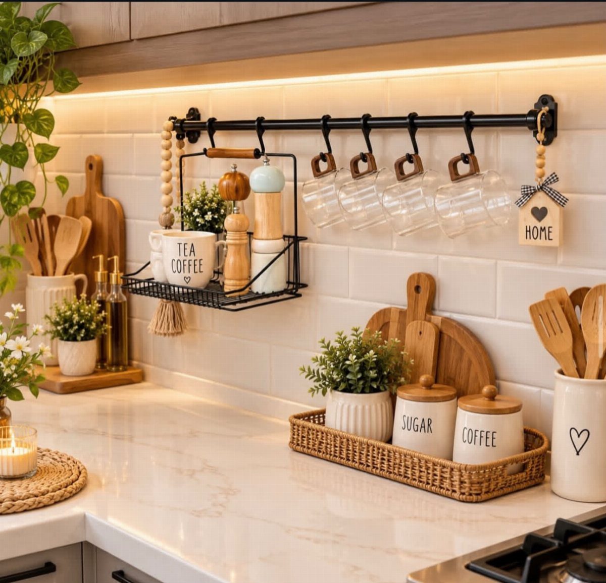 11 Kitchen Countertop Organization Ideas That Actually Work 11 Woven basket on a marble countertop holding coffee and sugar canisters and a plant.