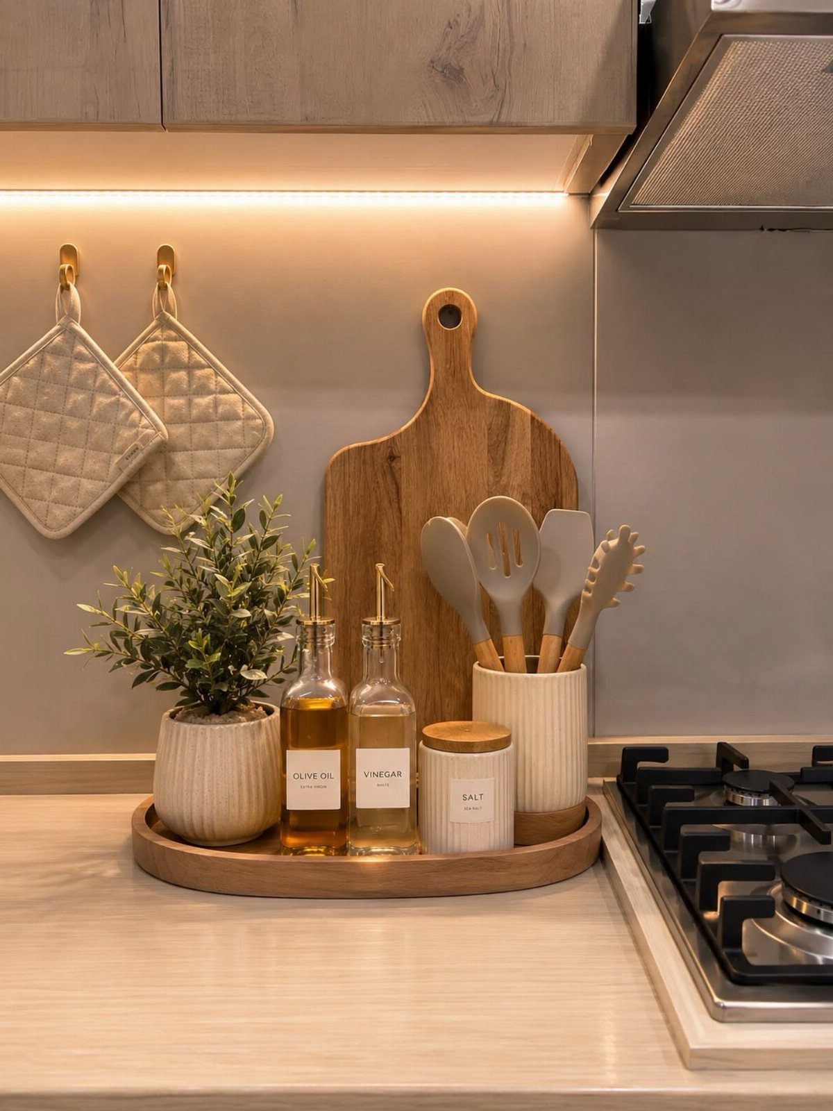 11 Kitchen Countertop Organization Ideas That Actually Work 3 Round wooden tray organizing oil bottles, a plant, and utensils on a kitchen counter.