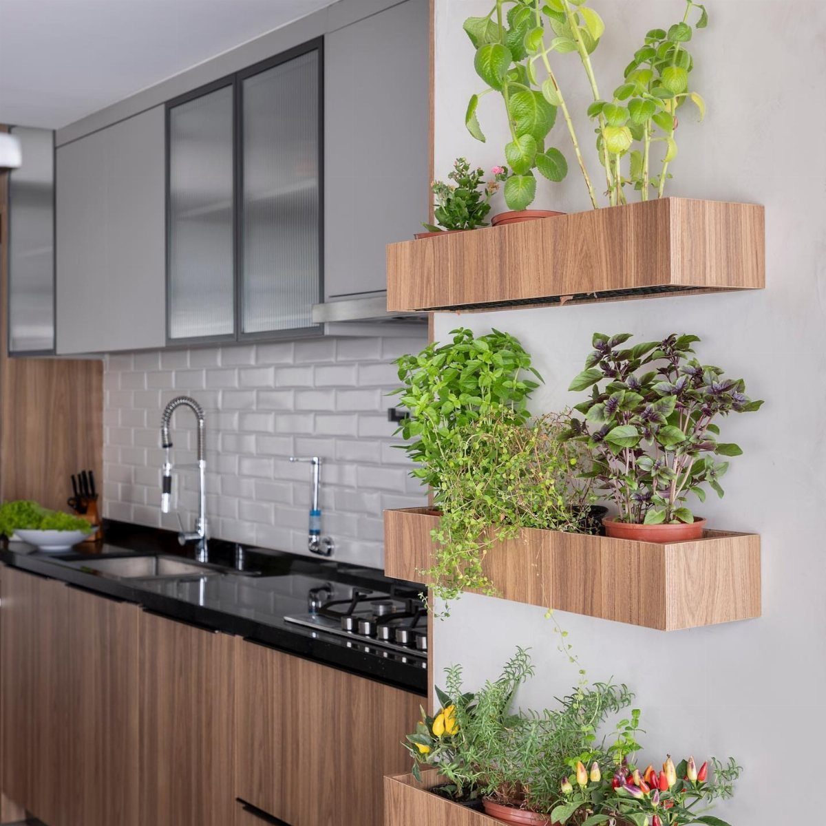 Wooden wall-mounted planters with fresh green herbs in a modern kitchen setting.