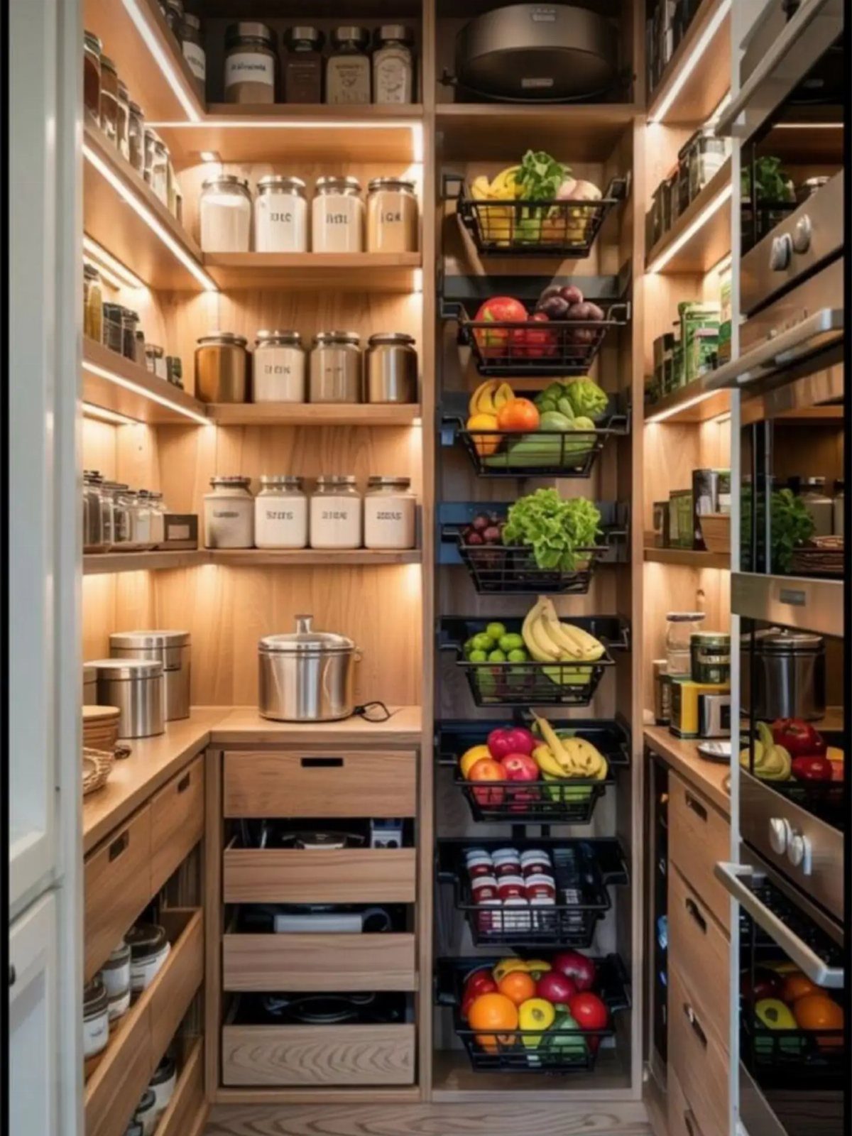 27 Small Kitchen with Fridge Ideas That Maximize Every Inch 9 Tall wooden kitchen pantry with vertical pull-out baskets and illuminated shelving for food storage.