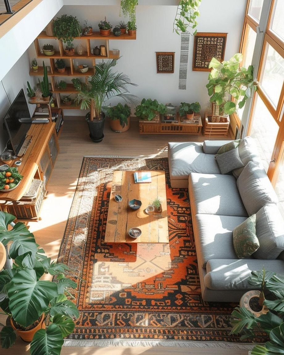 Grey sofa and wooden coffee table on a patterned orange rug with many plants.