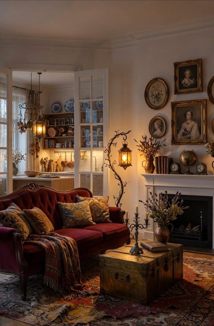 27 Vibey Living Room Aesthetic Ideas Worth Copying 10 Red velvet sofa and vintage trunk in a room with antique portraits and fireplace.
