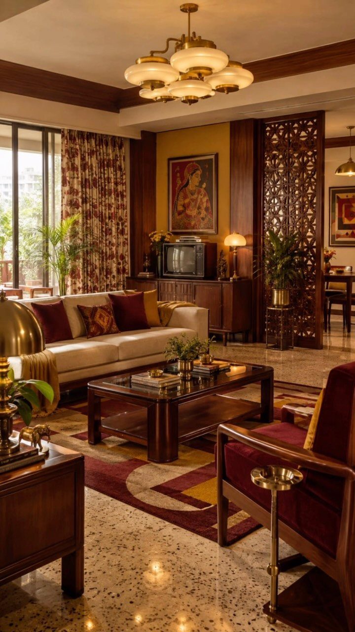 Living room with white sofa, dark wood furniture, and vintage-style gold lighting.
