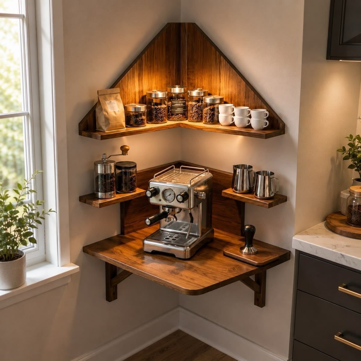 Corner wall-mounted coffee station with dark wood floating shelves and an espresso machine.