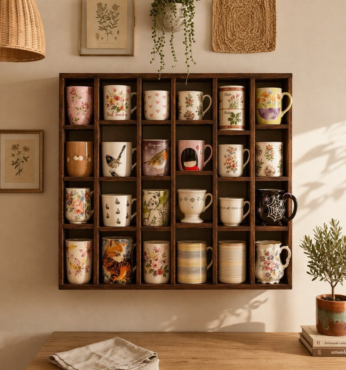 Wall Mounted Coffee Bar: 23 Stylish Space-Saving Ideas 4 Wall-mounted wooden grid rack holding a variety of colorful ceramic coffee mugs.
