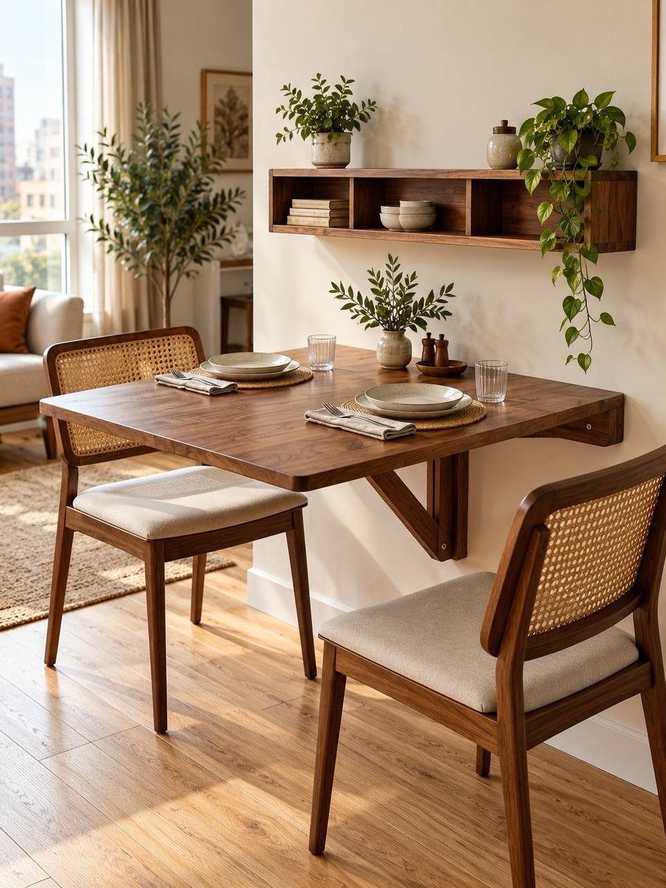 12 Space Saving Furniture Ideas That Actually Work 7 Wall-mounted wooden table with two cane-back chairs in a bright, modern room.