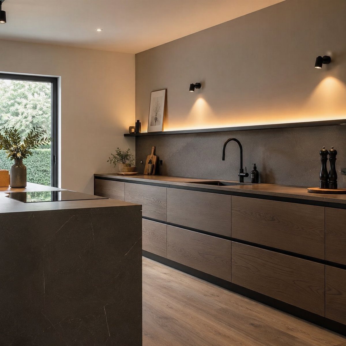 Kitchen Without Upper Cabinets: 13 Ideas That Work 7 Modern kitchen with dark wood base cabinets and black wall sconces on a beige wall