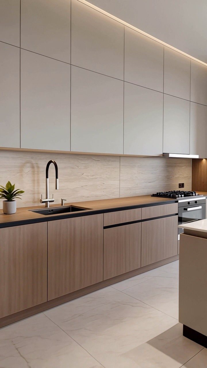 32 Simply Kitchen Design Ideas for a Clean, Modern Space 21 Modern minimalist kitchen with beige upper cabinets and light wood lower cabinetry.