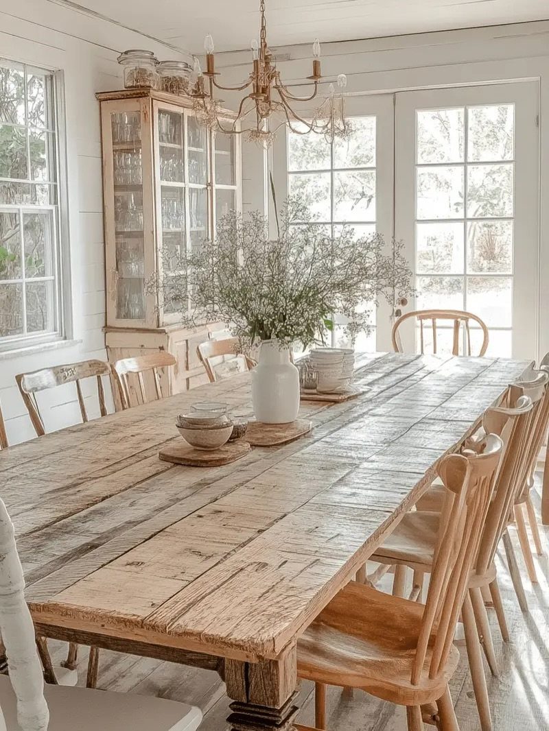 20 French Farmhouse Dining Table Ideas for Every Style 17 Weathered oak monastery table with wooden chairs in a bright French farmhouse dining room.