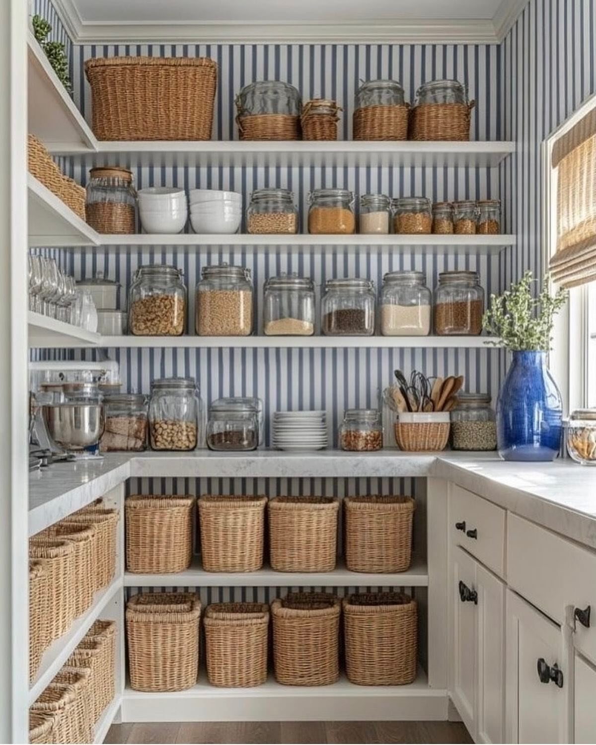 Woven wicker baskets stored in open white base cabinets of a kitchen pantry.